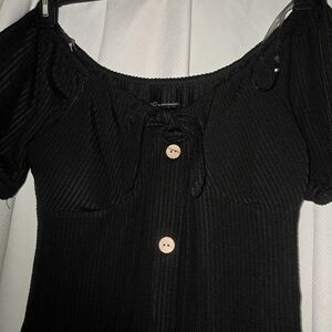 Black Ribbed Button-Down Top